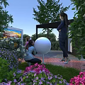 Square Landscape With Green Plants Purple Pink Flowers White Spherical Installation Trees And People