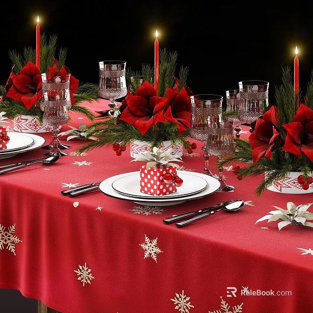 Christmas Dinnerware Set with Red Tablecloth Snowflake Patterns Plates Forks Glassware and Floral Decorations 3d model 