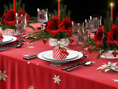 Christmas Dinnerware Set with Red Tablecloth Snowflake Patterns Plates Forks Glassware and Floral Decorations 3d model