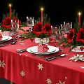 Christmas Dinnerware Set with Red Tablecloth Snowflake Patterns Plates Forks Glassware and Floral Decorations