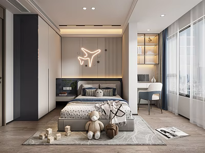 Modern Kids Room Interior Design With Airplane Neon Light Bed Stuffed Bear And Building Blocks 3d model