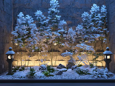 Snowy Garden Decor With Stone Wall Snow Covered Trees Japanese Lanterns And White Pebbles 3d model