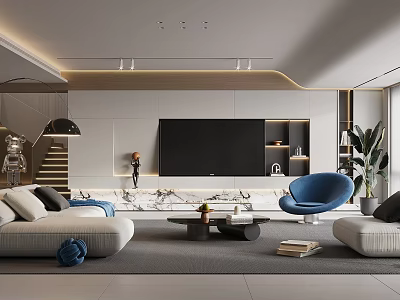 Modern Living Room Interior Design With Light Sofa Blue Accent Chair And Marble Coffee Table 3d model