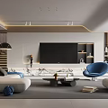 Modern Living Room Interior Design With Light Sofa Blue Accent Chair And Marble Coffee Table