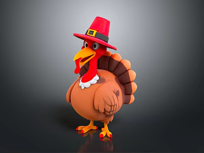 Cartoon Thanksgiving Turkey With Red Pilgrim Hat And Feather Details 3d model