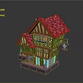 Timber Framed Cottage With Red Gabled Roof And Hanging Decoration