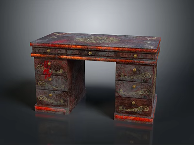 Vintage Wooden Writing Desk With Ornate Carvings Multiple Drawers And Gold Hardware 3d model