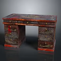 Vintage Wooden Writing Desk With Ornate Carvings Multiple Drawers And Gold Hardware