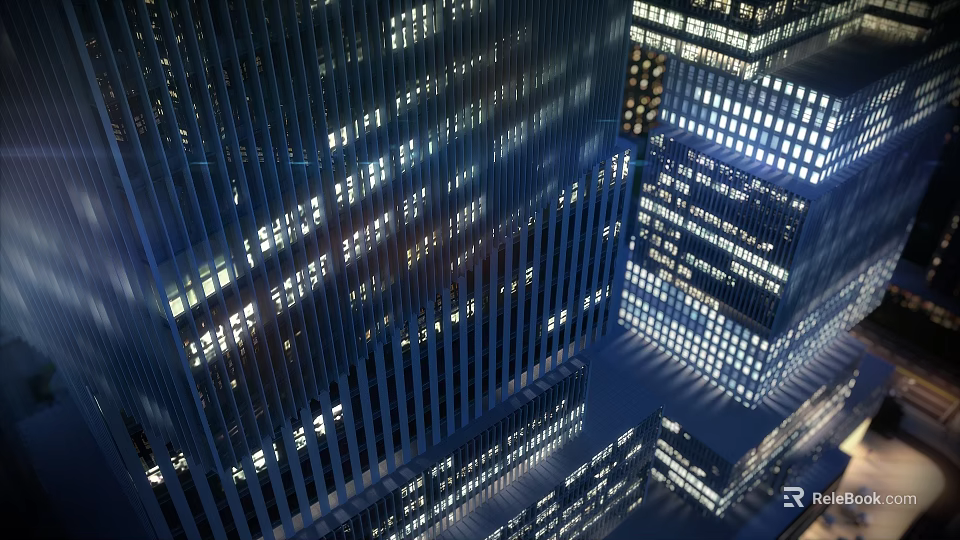 Night Cityscape With Modern Skyscrapers And Illuminated Glass Windows 3d model 