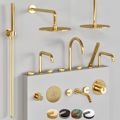 Golden Bathroom Faucet Set With Multiple Shower Heads And Accessories On Gray Countertop 3d model