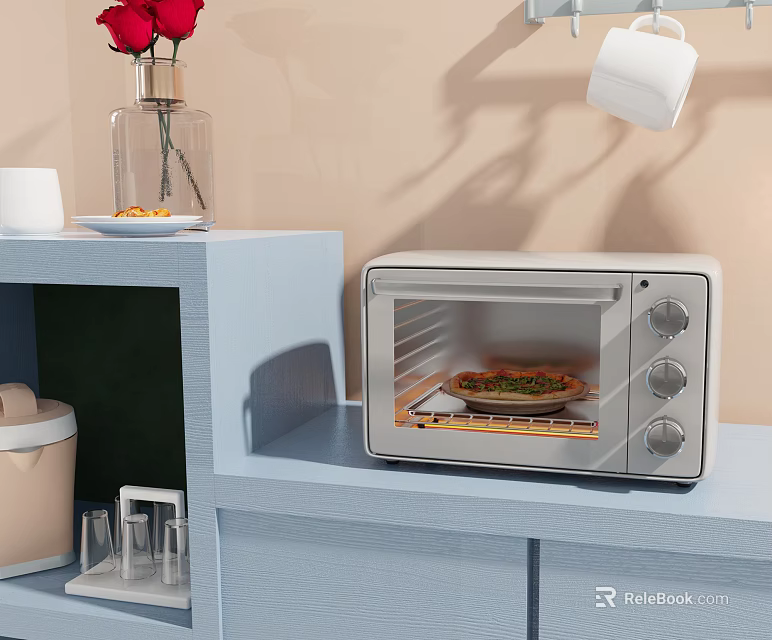 Modern Kitchen Microwave Oven With Pizza On Light Blue Shelf And Red Flowers 3d model 