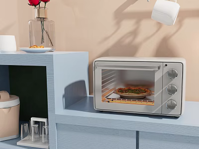 Modern Kitchen Microwave Oven With Pizza On Light Blue Shelf And Red Flowers 3d model
