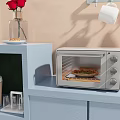 Modern Kitchen Microwave Oven With Pizza On Light Blue Shelf And Red Flowers