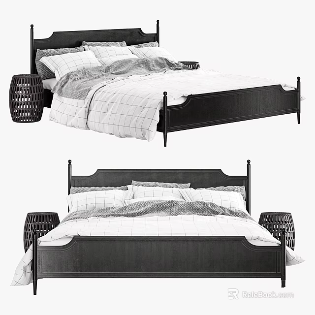 Classic Black Wooden Double Bed With White Quilt Pillows And Wicker Side Tables 3d model 