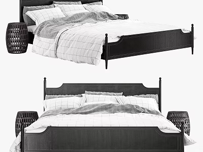 Classic Black Wooden Double Bed With White Quilt Pillows And Wicker Side Tables 3d model