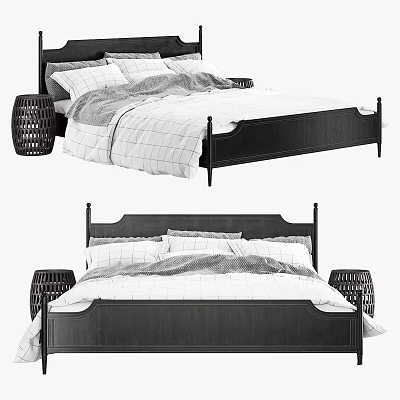 Classic Black Wooden Double Bed With White Quilt Pillows And Wicker Side Tables 3d model