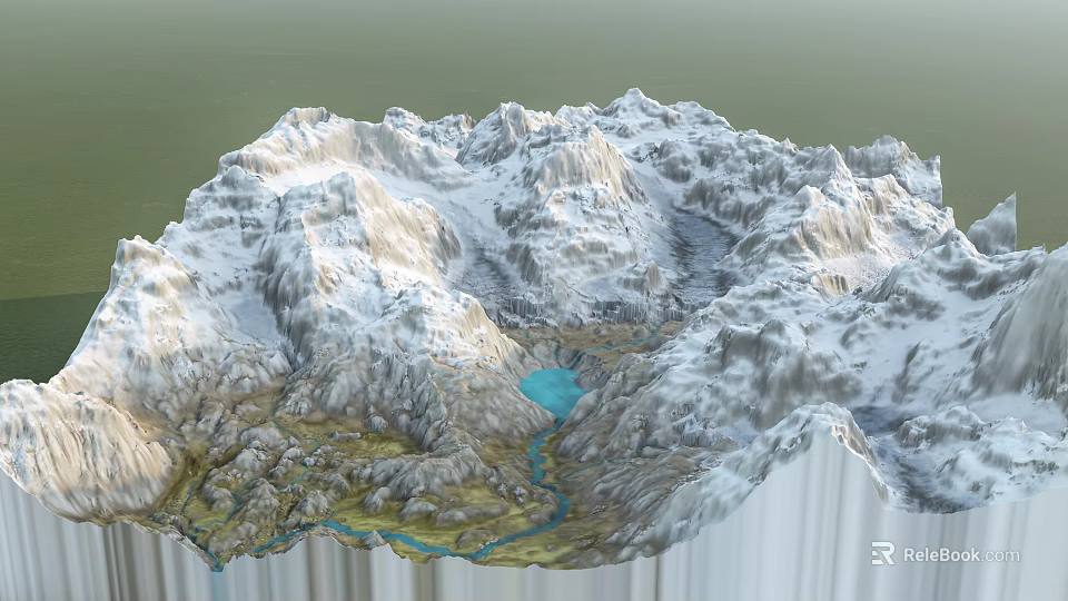 Garden Landscape With Snow Covered Mountains Blue Lake And Winding River 3d model 