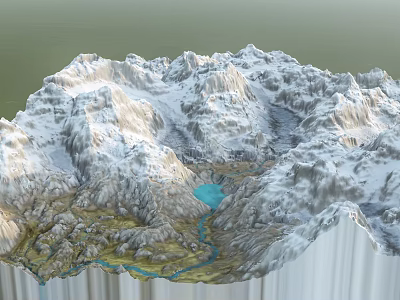 Garden Landscape With Snow Covered Mountains Blue Lake And Winding River 3d model