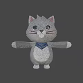 Cute Gray Cartoon Cat Character with Big Eyes and Blue Scarf for Game Movie