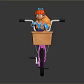 Cute Pink Bicycle With Front Basket Carrying Red Haired Cartoon Character And Squirrel