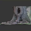 Rustic Wooden Tree Stump With Exposed Roots And Stone Base Design 3d model