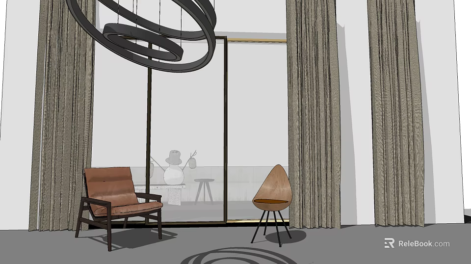 Modern Leisure Chairs With Leather Upholstery And Wooden Legs By Window With Beige Curtains 3d model 