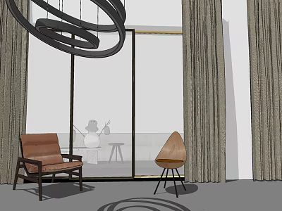 Modern Leisure Chairs With Leather Upholstery And Wooden Legs By Window With Beige Curtains 3d model