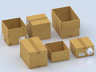 Set of Open Brown Cardboard Cartons With Shipping Labels And Tape 3d model