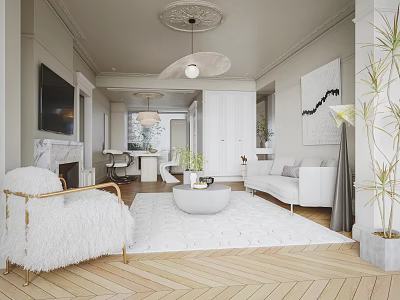 Modern Living and Dining Area With White Sofa Dining Table Round Rug and Herringbone Wood Flooring 3d model