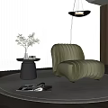 Green Ribbed Velvet Single Seater Sofa With Potted Plant And Round Rug On Wooden Floor