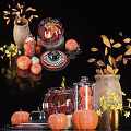 Decorative Ornament Set With Pumpkin Shaped Candle Holders Glass Jars Wooden Vase And Yellow Leaves
