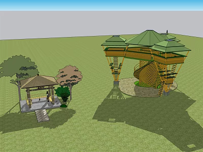 Traditional Pavilion and Multi Level Tower with Green Roofs in Grassland Surrounded by Trees 3d model