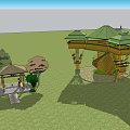 Traditional Pavilion and Multi Level Tower with Green Roofs in Grassland Surrounded by Trees
