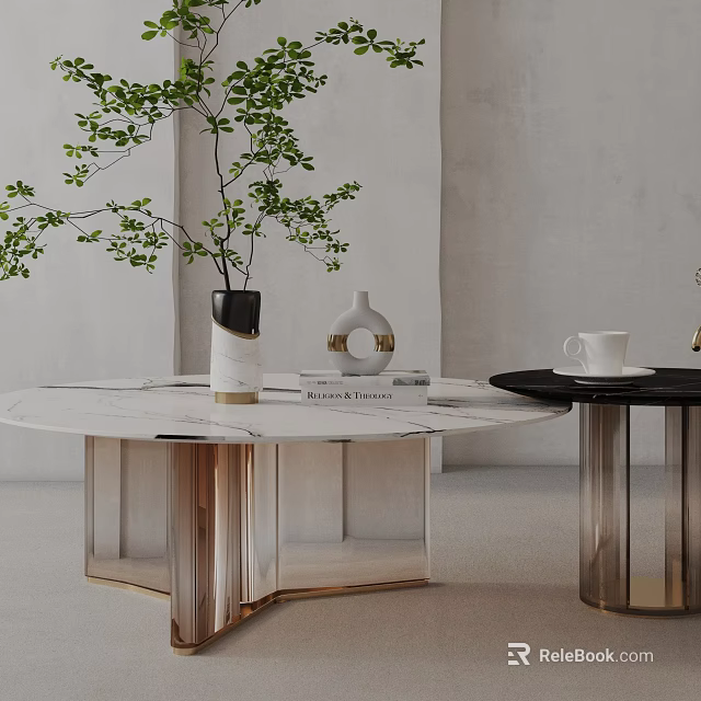 Modern Elegant Sofa Coffee Table Set With Round Marble Top And Gold Base 3d model