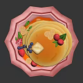 Fluffy Stacked Pancakes Topped With Fresh Blueberries Raspberries Butter And Syrup On Pink Plate