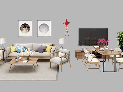 Modern Living Room Sofa And Coffee Table Set With Colorful Pillows Table Lamp Wall Art And TV 3d model