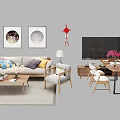 Modern Living Room Sofa And Coffee Table Set With Colorful Pillows Table Lamp Wall Art And TV