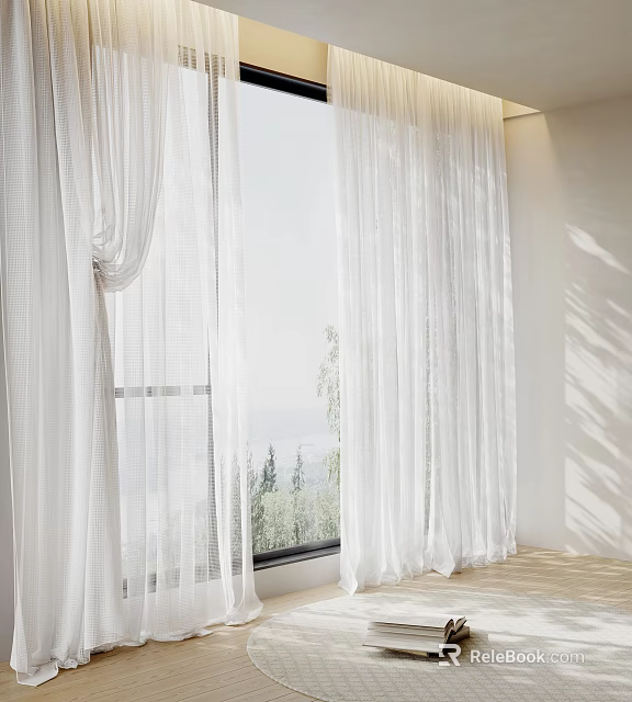 Elegant White Sheer Curtains Flowing By Window With Sunlight Filtering And Scenic Outdoor View 3d model 