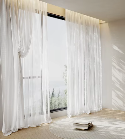 Elegant White Sheer Curtains Flowing By Window With Sunlight Filtering And Scenic Outdoor View 3d model