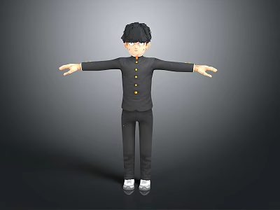 3D Child Model in Black Uniform with Yellow Buttons Standing Arms Outstretched on Gray Background 3d model