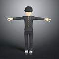 3D Child Model in Black Uniform with Yellow Buttons Standing Arms Outstretched on Gray Background