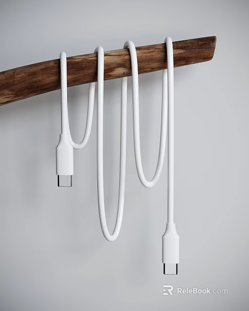 White USB Data Charging Cables Hanging On Wooden Holder With USB Port 3d model 