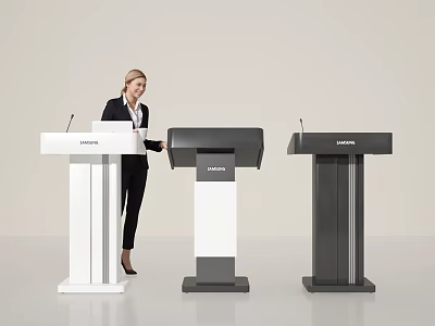 SHARP Podiums With Woman In Professional Attire Standing By Three Colored Models And Microphones 3d model