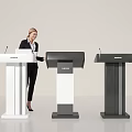 SHARP Podiums With Woman In Professional Attire Standing By Three Colored Models And Microphones