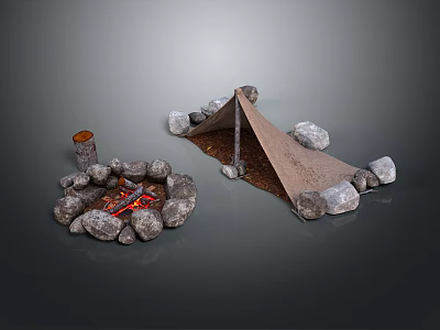Outdoor Camping Furniture Canvas Shelter With Stone Fire Pit And Wooden Poles 3d model