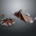 Outdoor Camping Furniture Canvas Shelter With Stone Fire Pit And Wooden Poles