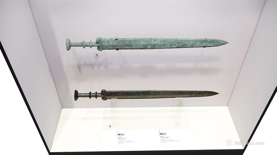 Ancient Bronze Swords As Historical Weapons Exhibited In Museum Display Case 3d model