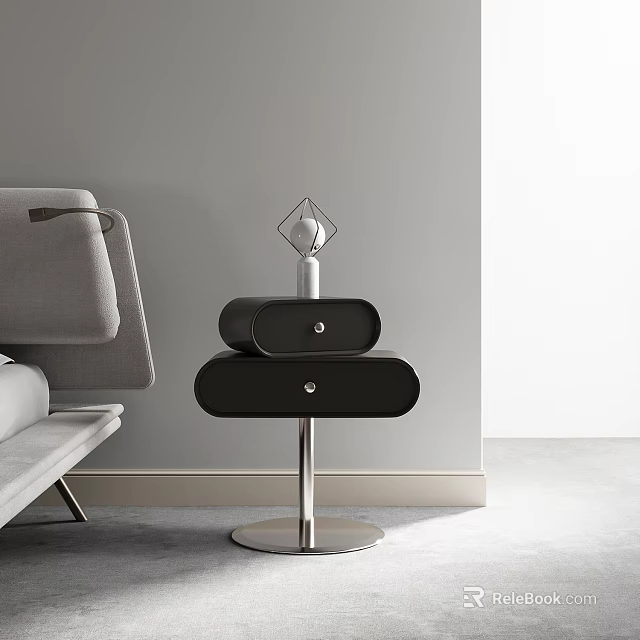 Modern Black Nightstand With Two Drawers Minimalist Table Lamp And Metal Base 3d model 