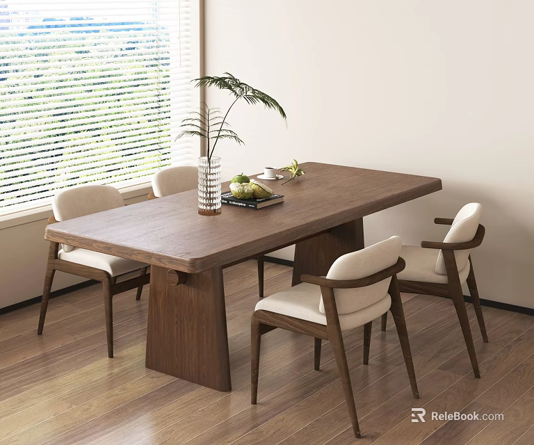 Modern Dining Room With Wooden Table White Cushioned Chairs Green Plant And Fruit 3d model 