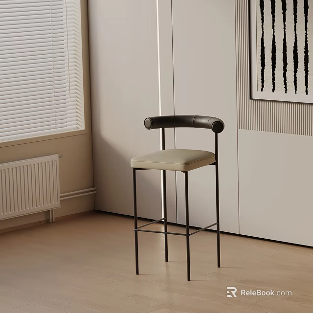 Modern Black Metal Frame Bar Stool With Beige Leather Seat For Indoor Living Space 3d model 